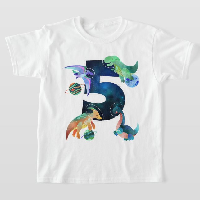 Kids Astronaut Rymden Dinosaurs 5:e födelsedagen T Shirt (Laydown)