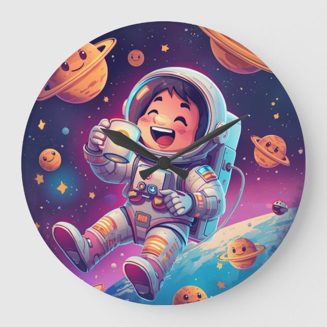 Kids Astronaut Wall Clock – Space Adventure Time Stor Klocka (Framsida)
