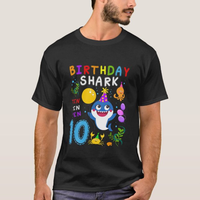 Kids Baby Cute Shark 10th Birthday Boy Girl 10 Yea T Shirt (Framsida)