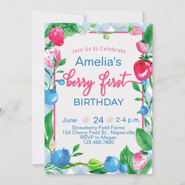 Kids Berry, första födelsedagsinbjudan Jordgubbe Inbjudningar (Framsida)