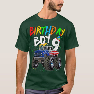 Kids Birthday Boy 9 Year Old Monster Truck Flag 9t T Shirt