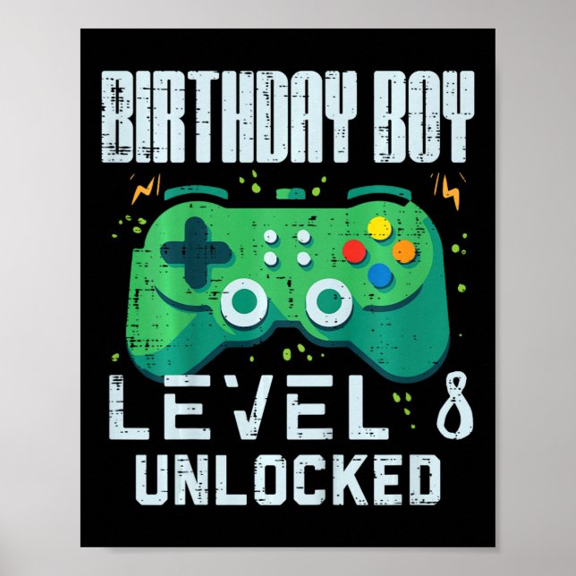 Kids Birthday Boy Level 8 Unlocked Gamer Controlle Poster (Framsidan)
