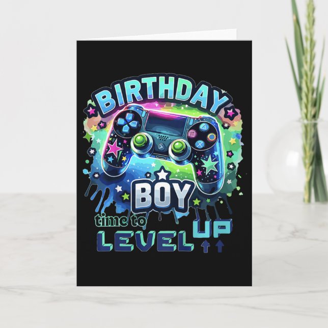 Kids Birthday Boy Level Up Gamer Controller Video  Kort (Framsida)