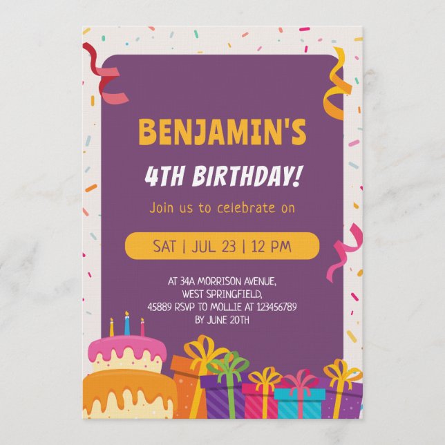 Kids Birthday Party Cake And Gifts Design Birthday Inbjudningar (Framsida)