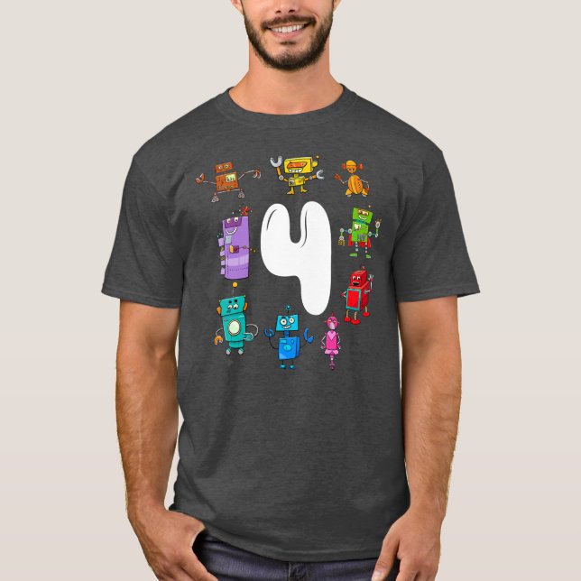 Kids Birthday Robot Age four 4th Birthday T Shirt (Framsida)