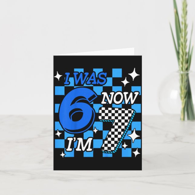 Kids Blue Checkered I Was 6 Now I'm 7 Birthday Boy Kort (Framsida)