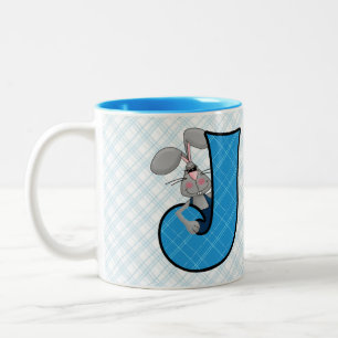 Kids Blue Jackkanit Monogram Brev J och Namn Två-Tonad Mugg
