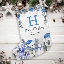 Kids Blue Penguin Monogram Namn Liten Julstrumpa