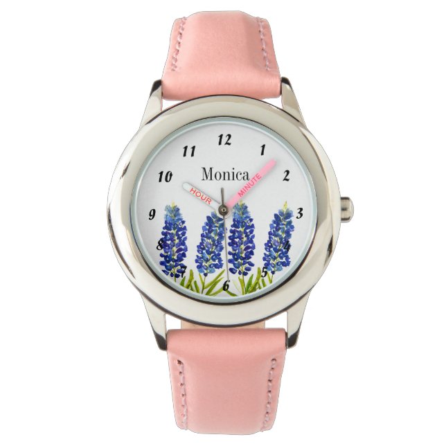 Kids Bluebonnets Texas Flowers Namn Rosa Armbandsur (Framsida)