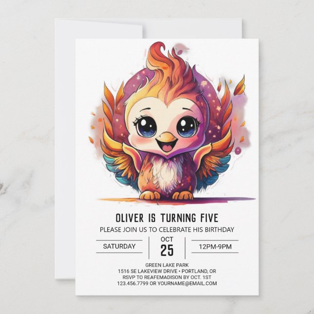 Kids Boho Phoenix Watercolor Birthday Inbjudningar (Framsida)