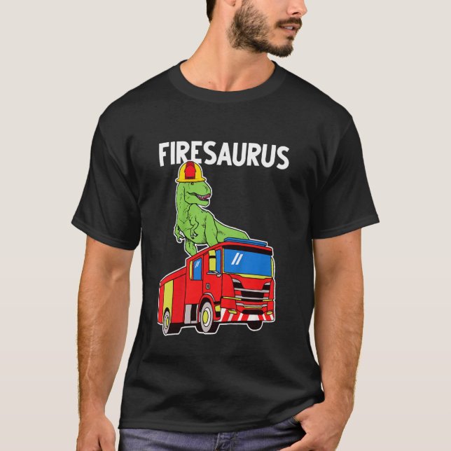 Kids Boys Dino Fire Truck T Shirt (Framsida)
