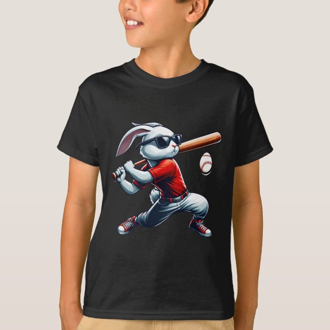 Kids Boys Glad påsk Bunny spelar Baseball Öster T Shirt (Framsida)