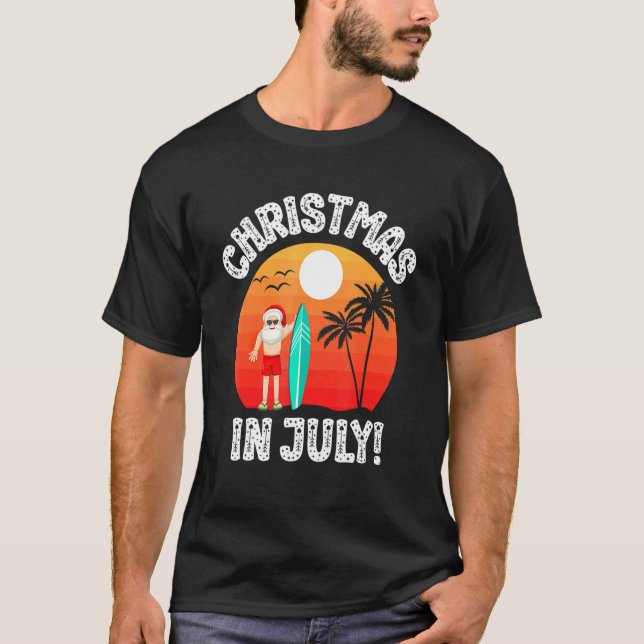 Kids Boys Xmas Santa Sunset Surfing Beach Christma T Shirt (Framsida)