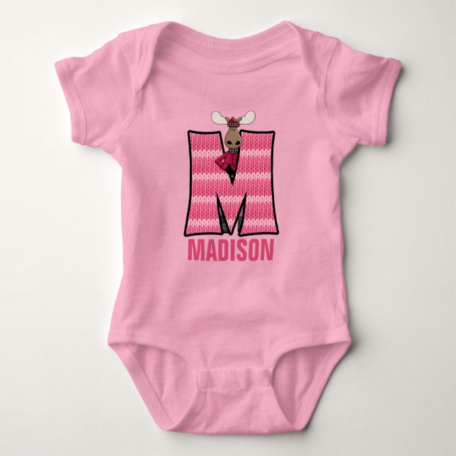 Kids Brev M Monogrammed Rosa Sticka Moose Tee (Framsida)