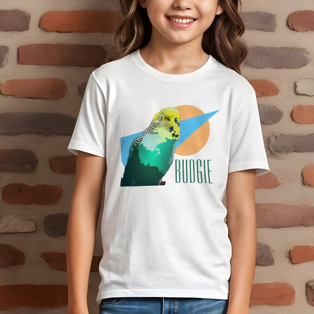 Kids Budgie Kärlek Retro Blue Geometric Pet Bird T Shirt (Kids' budgie t-shirt with cool retro geometric design and aqua budgerigar for pet bird lovers)