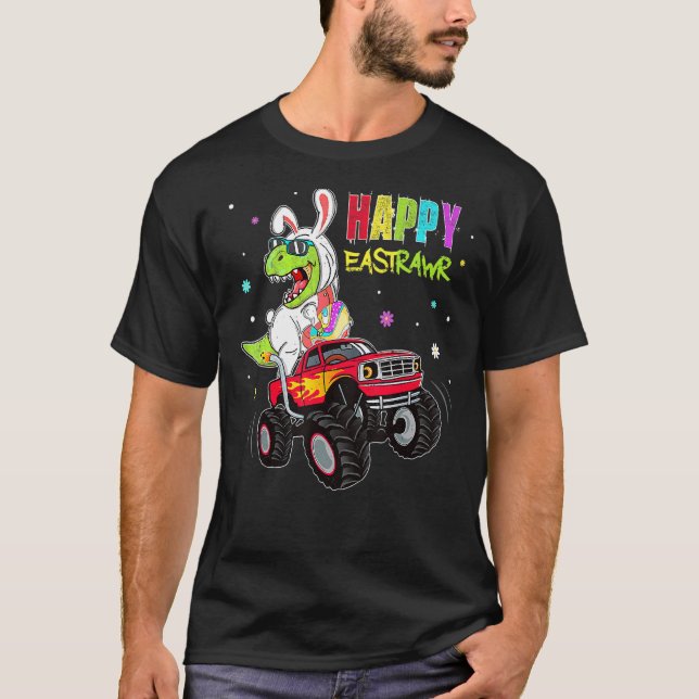 Kids Bunny Dinosaur T Rex Riding Monster Lastbil H Shirt (Framsida)