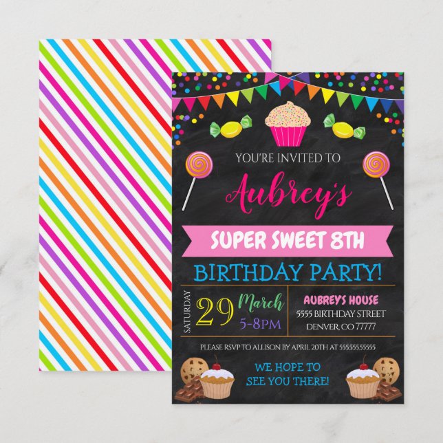 Kids Candy ThMeed Party Birthday-inbjudan Inbjudningar (Fram/baksida)