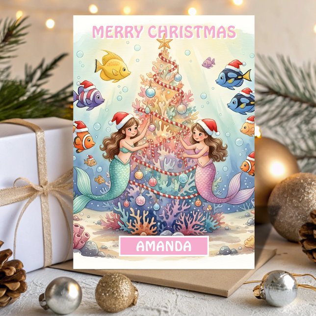 Kids Christmas Mermaid Coral Celebration Helgkort (Skapare uppladdad)