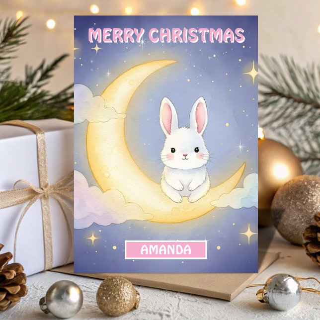 Kids Christmas Moon Bunny Dream Helgkort (Skapare uppladdad)