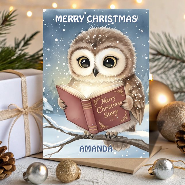 Kids Christmas Owl Night Story Helgkort (Skapare uppladdad)