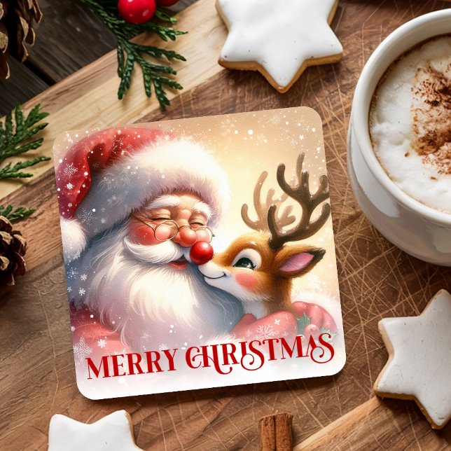 Kids Christmas Paper Coasters Santa Claus Rudolph Underlägg Papper Kvadrat (Kids Christmas Paper Coasters Santa Claus Rudolph)