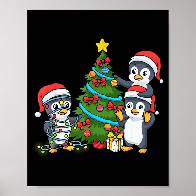 Kids Christmas Penguin Christmas Tree Lights Baubl Poster (Framsidan)