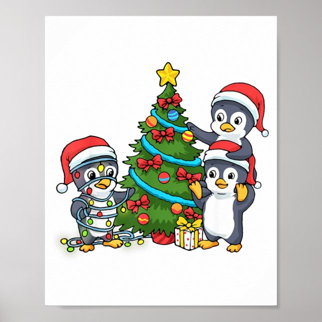 Kids Christmas Penguin Christmas Tree Lights Baubl Poster (Framsidan)