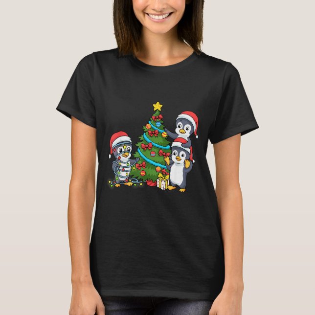 Kids Christmas Penguin Christmas Tree Lights Baubl T Shirt (Framsida)