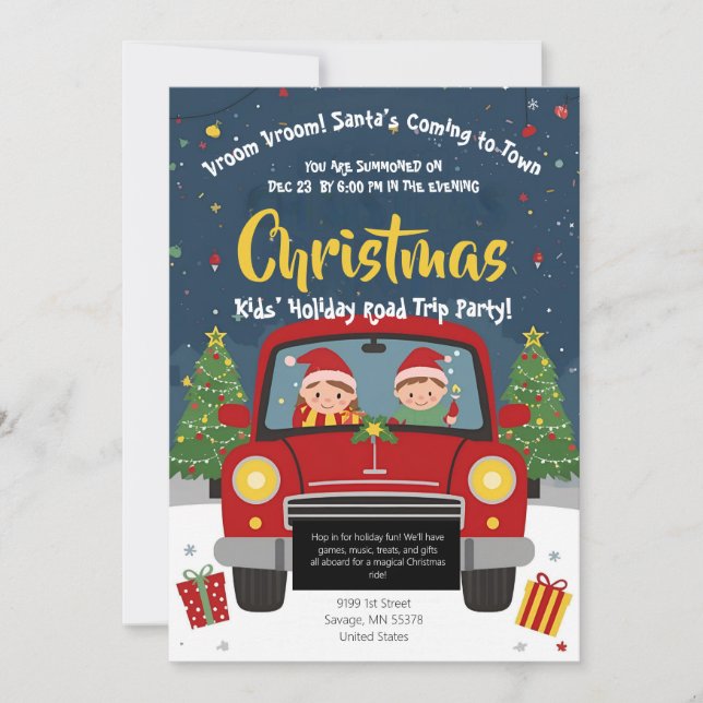 Kids Christmas Road Trip Car Holiday Party Card Inbjudningar (Framsida)