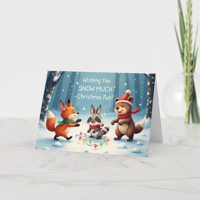 Kids Christmas Snow Much Fun with Woodland Animals Kort (Framsida)