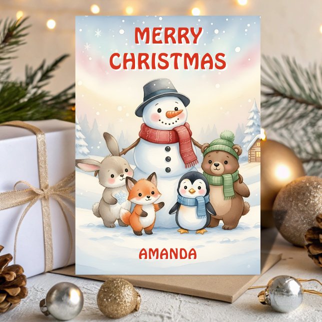Kids Christmas Snowman & Little Animals Helgkort (Skapare uppladdad)