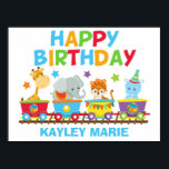 Kids Circus Animal Tåg Cute Birthday Party Poster<br><div class="desc">Den här anpassningsbarna poster det berömvärda cirkusdjuret tåg grattis på födelsedagen party att djur från djurparker finns ute på en safari. Tåg innehåller en giraff,  elefant,  tiger och en söt hippo ovanför personligen namn under coolans orange,  grönt,  rött och blått färg.</div>