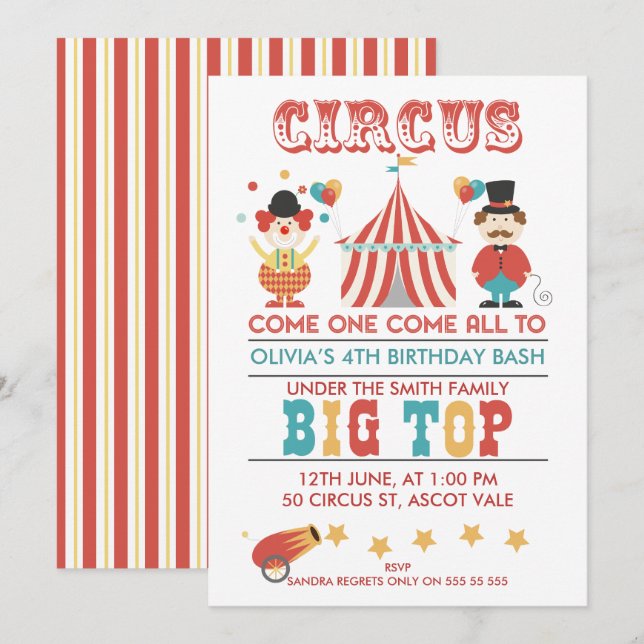 Kids Circus Födelsedagsfest inbjudan (Fram/baksida)