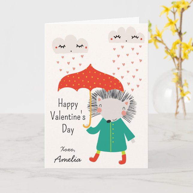 Kids Classroom Cute Hedgehog Valentine's Day Kort (Gul blomma)