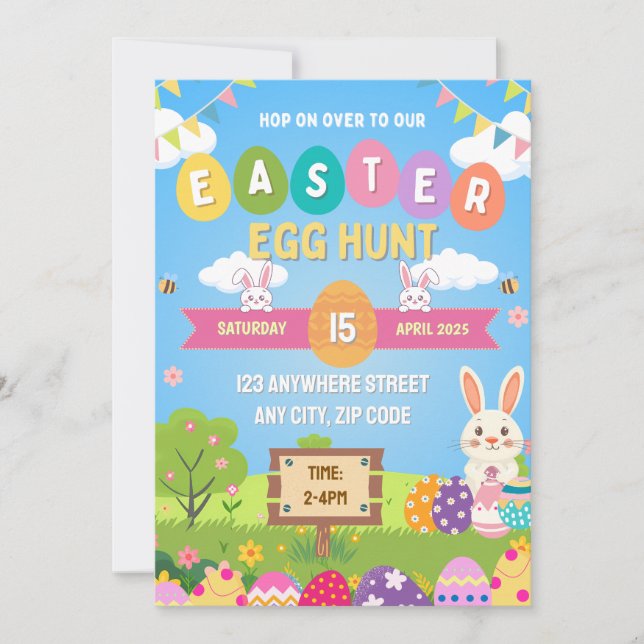 Kids Colorful Easter Egg Hunt Invitation Inbjudningar (Framsida)