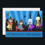 *~* Kids Colorful SUPERHEROS Fold Födelsedagsfest Inbjudningar<br><div class="desc">*** FÄRGFÄRGFÄRGSUPERHEROES Cute Endearing Roligt Whimsical FÖDELSEDAGSFEST INBJUDAN. De små kan klä sig som sina topparna SUPERHERO. Det finns fyra superheros mot en SKYLINE CITYSCAPE. Himlar är en öga-poppande BOLD BLUE och LILA BURSTS AV RAYS med BLACK CITY BYGGNAD. Detta är ett könsneutralt födelsedagsfest inbjudan. VARA SÄKER PÅ ATT FÖRÄNDRA...</div>