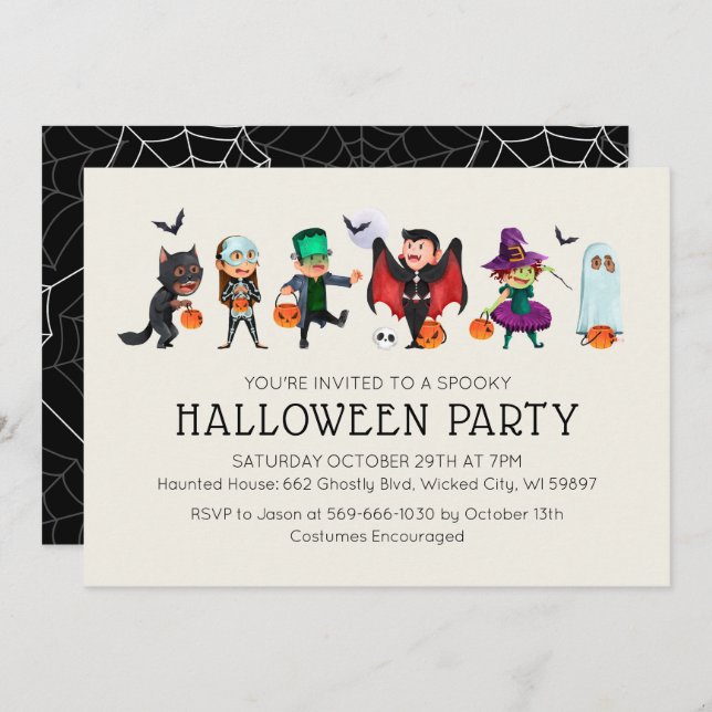 Kids Costume Party Halloween-inbjudan Inbjudningar (Fram/baksida)