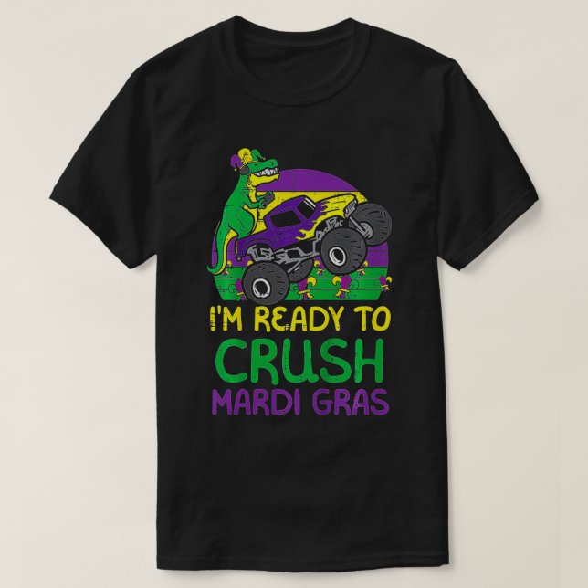 Kids Crush Mardi Gras Dino Monster Lastbil Funny T Shirt (Design framsida)