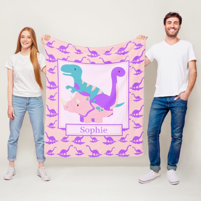 Kids Cute Dinosaurs Rosa Fleece Blanket (På plats)