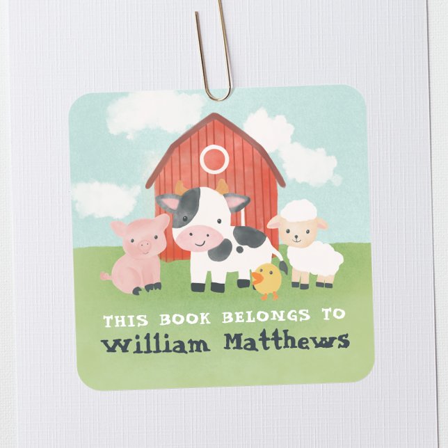Kids Cute Farm Animal School Library Bookplate Fyrkantigt Klistermärke (Skapare uppladdad)