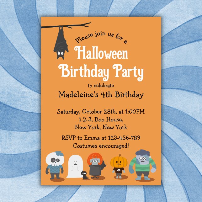Kids Cute Halloween Födelsedagsfest Inbjudningar (Kids Cute Halloween Birthday Party Invitation. Kids birthday party, Halloween Party. Orange.)