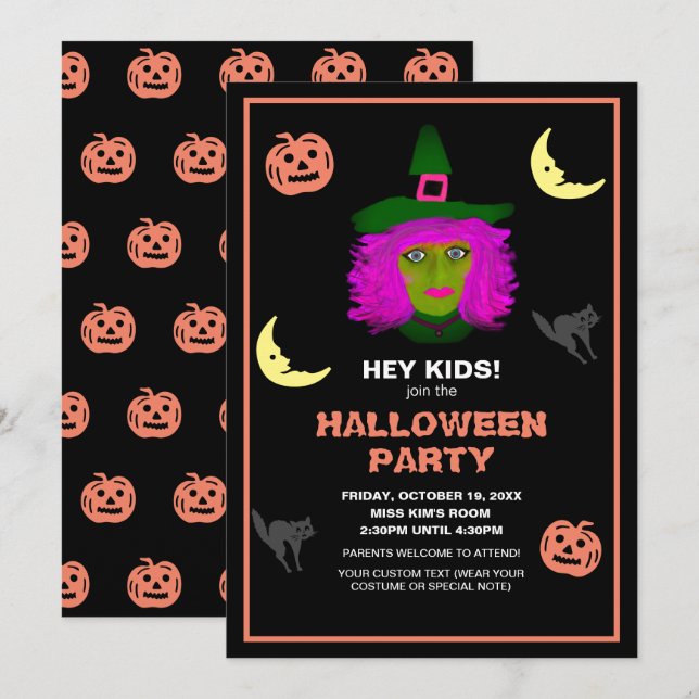Kids Cute Halloween Theme Black Orange Party Inbjudningar (Fram/baksida)