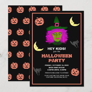 Kids Cute Halloween Theme Black Orange Party Inbjudningar