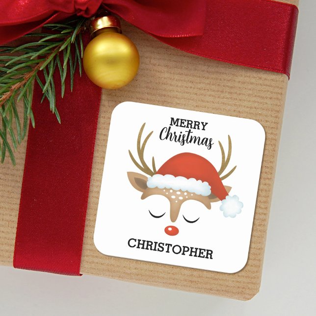 Kids Cute-julrenar Fyrkantigt Klistermärke (Cute Christmas rudolph reindeer stickers are so fun for your holiday gifts.)