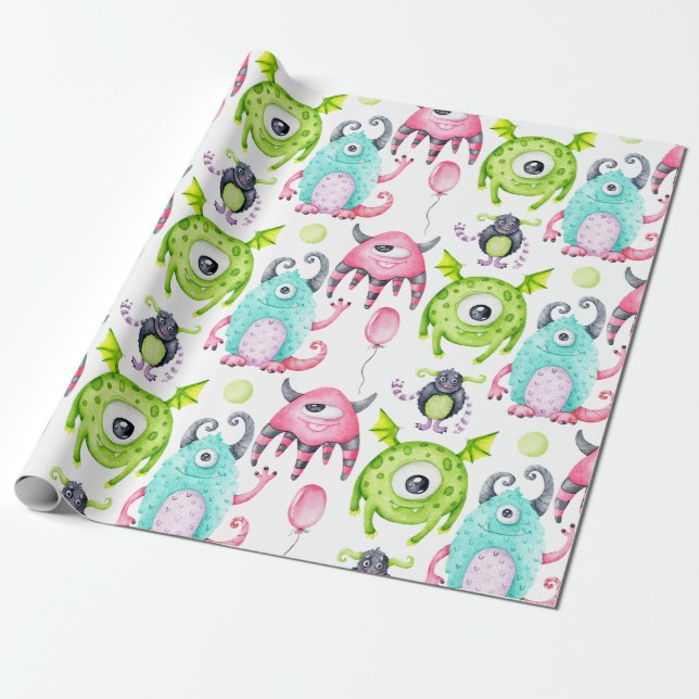 Kids Cute Monster Birthday Presentpapper (Utrullad)