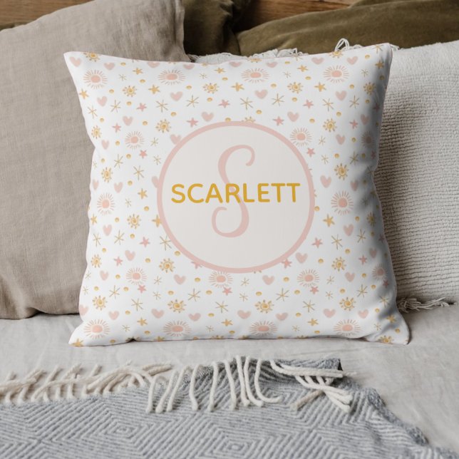 Kids Cute Namn Rosa Orange Mönster i Sol Hearts Kudde (Custom Name Pillow with Sun and Stars - Personalized Home Decor, Unique Gift, Cute Design.)
