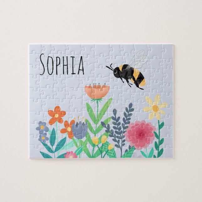 Kids Cute och Whimsical Bumblebee Bee and Flowers Pussel (Horisontell)