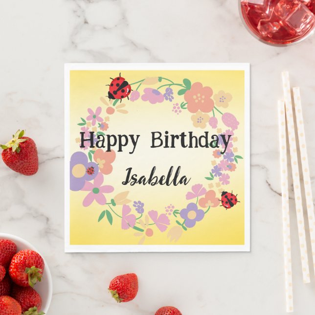 Kids Cute Polka dot Ladybug Vår Flower Birthday Pappersservett (Insitu)