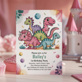 Kids Cute Rosa Dinosaur 1:a födeldagen Party Inbjudningar
