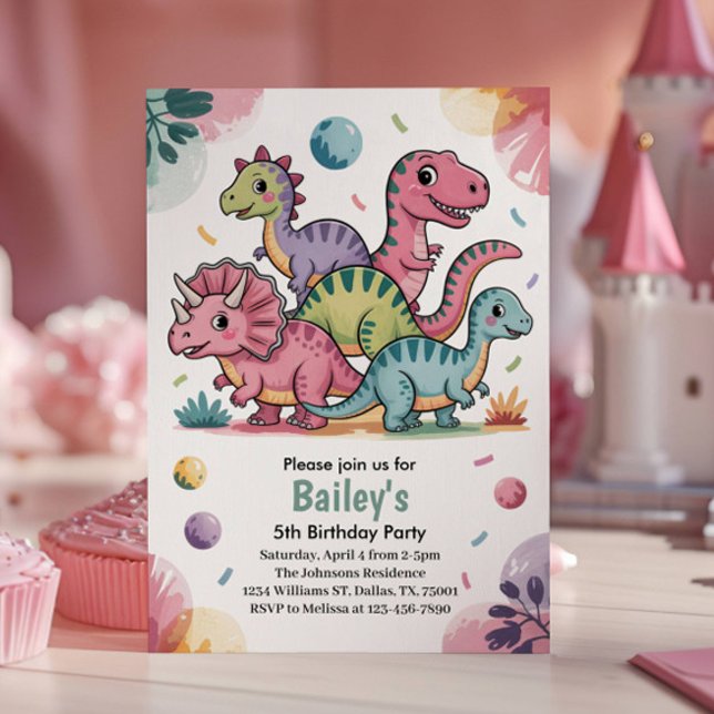 Kids Cute Rosa Dinosaur 5:e Födelsedagsfesten Inbjudningar (Skapare uppladdad)